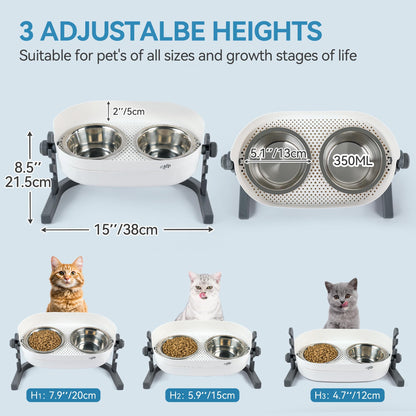 ALL FOR PAWS Raised Cat Bowl 3 Heights Adjustable, Elevated Double Bowls with 2x350ML Stainless Steel Dishes, Cat Feeding Station for Small Medium & Large Cats, Non-Slip and No Spill (44x26x20CM)