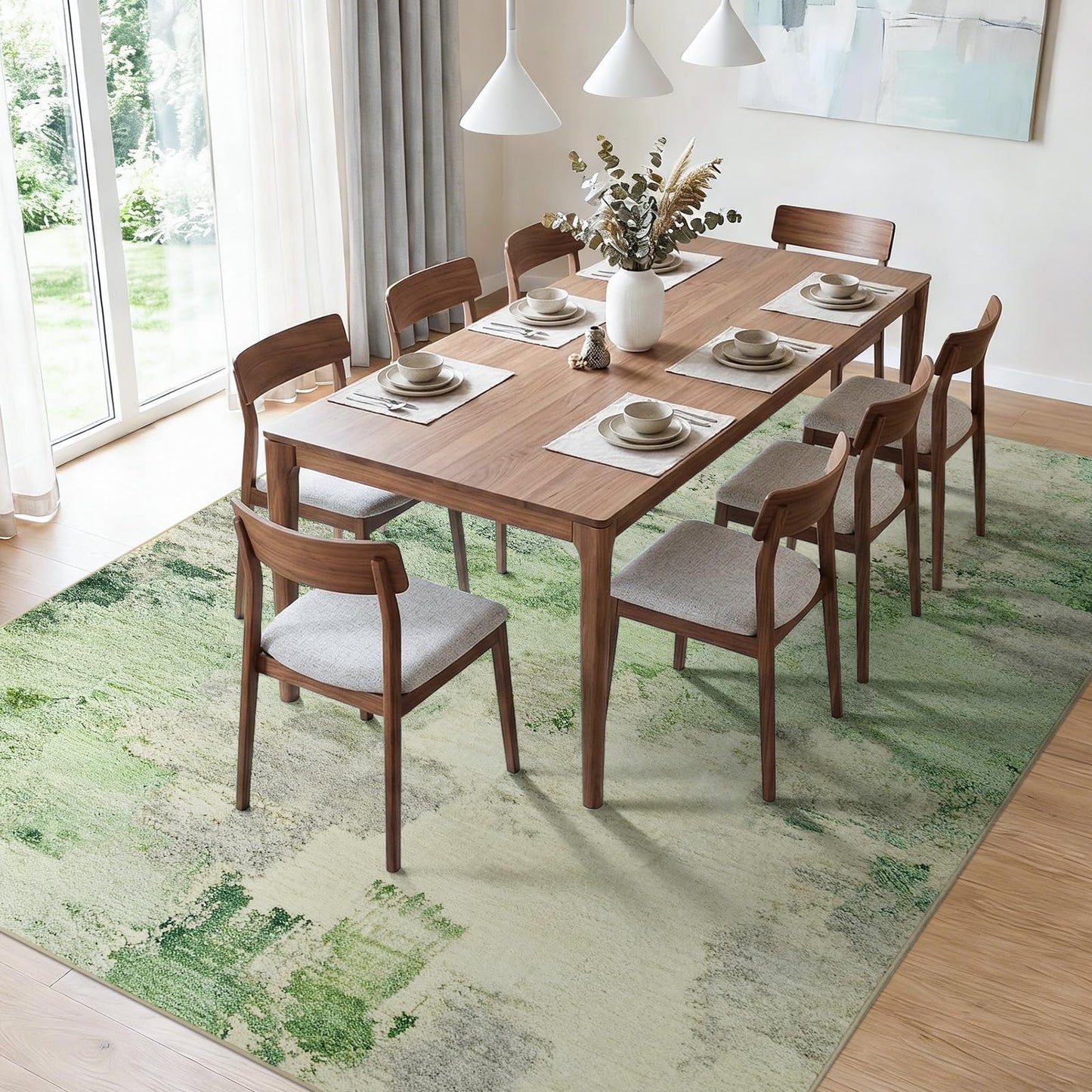 Joydeco Area Rugs 5x7 Washable, Light Green Modern Abstract Non-Slip Soft Low-Pile Carpet for Living Room, Bedroom & Dining Room