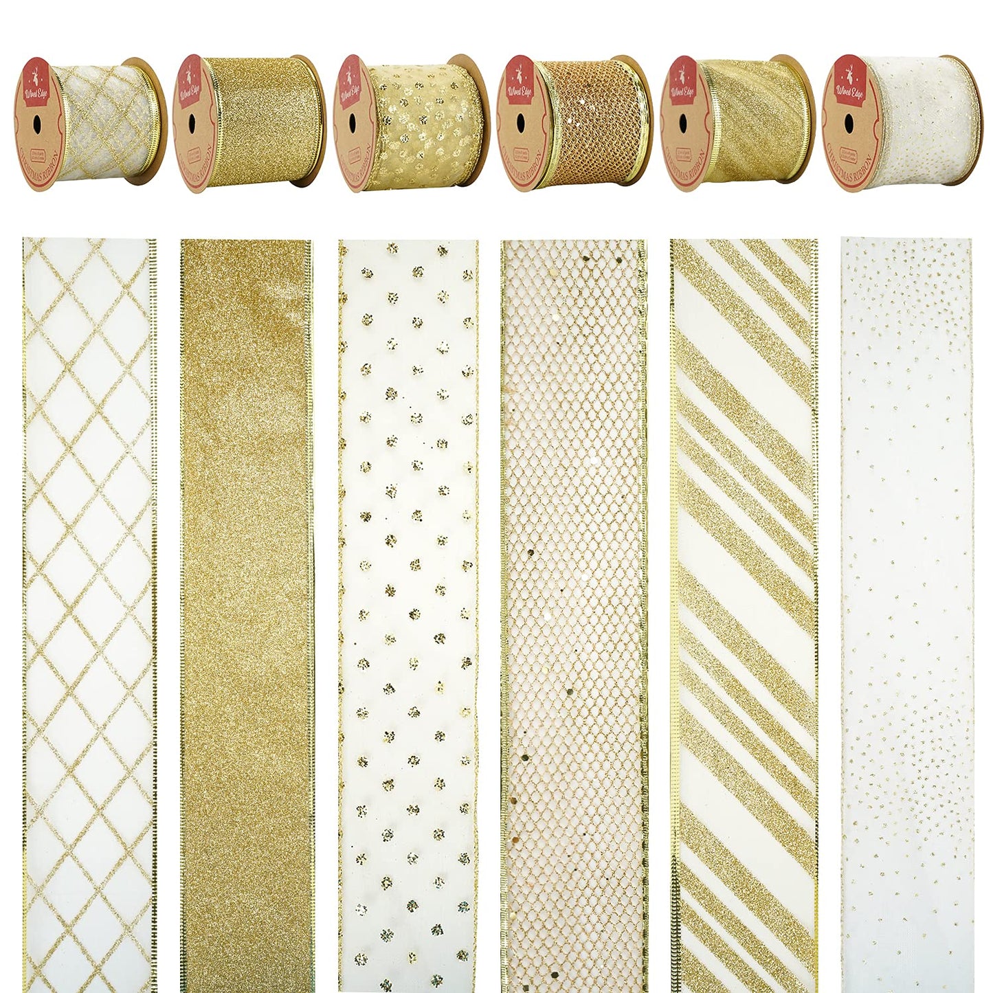 MEEDEE Gold and White Ribbon for Christmas Trees - 2.5 Inch, 6 Rolls, 36 Yards - Gold Wire Mesh Ribbon for Wreaths and Tree Decoration