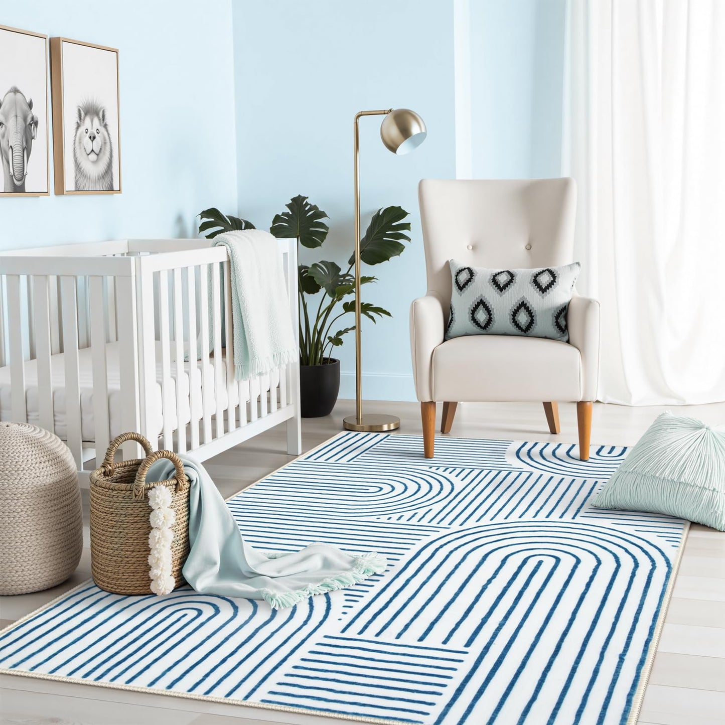 Lahome Abstract Washable Rugs, 4x6 Blue Rug for Bedroom Nursery Soft Non Slip Modern Living Room Rug, Ultra-Thin Non-Shedding Throw Carpet for Entryway Kitchen Office Darrell(4'x6',Blue/White)
