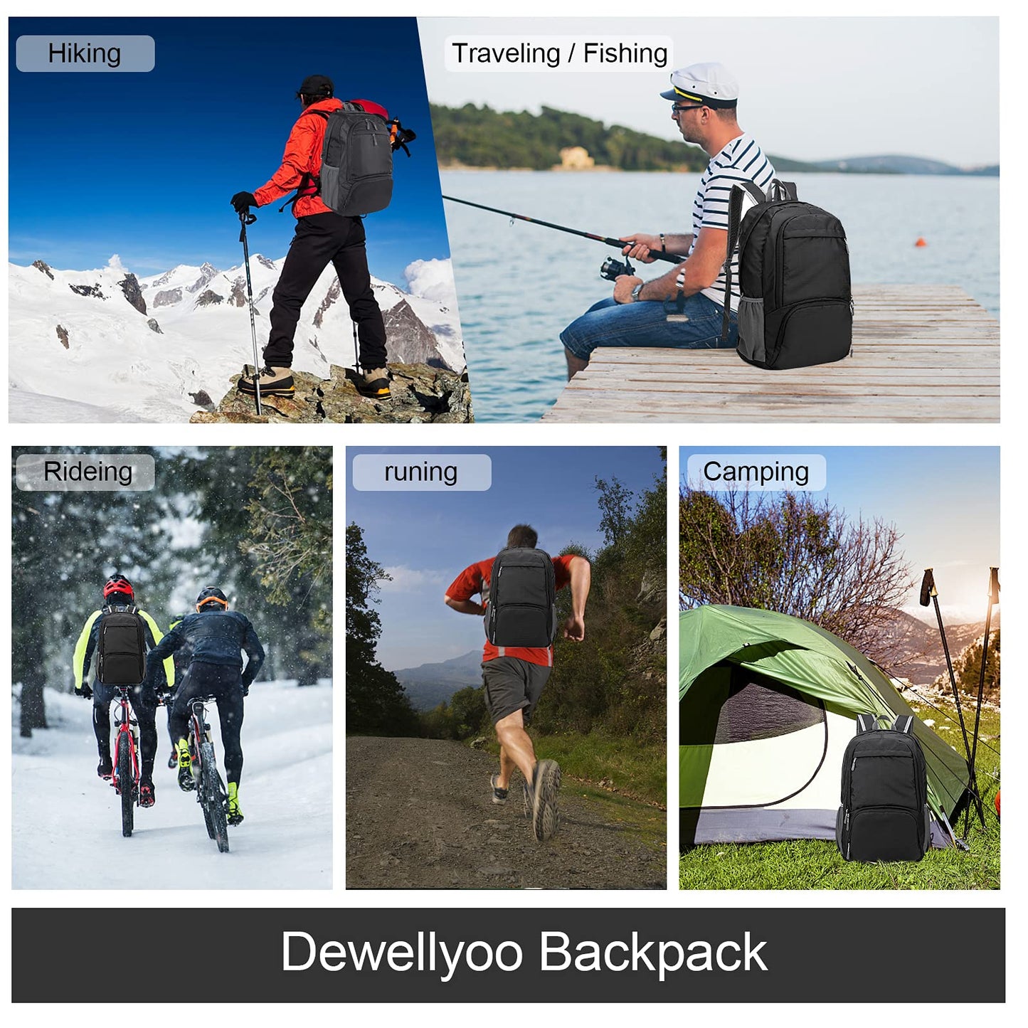 Dewellyoo Lightweight Hiking Backpack, Foldable Outdoor Camping Hiking Travel Multi-functional Camping Trekking Rucksack Travel Climbing Mountaineer Outdoor Sport Daypack Bag for Men Women (Black)