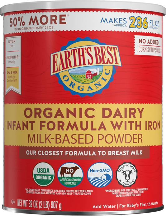 Earth's Best Organic Baby Formula for Babies 0-12 Months, Powdered Dairy Infant Formula with Iron, Omega-3 DHA, and Omega-6 ARA, 32 oz Formula Container