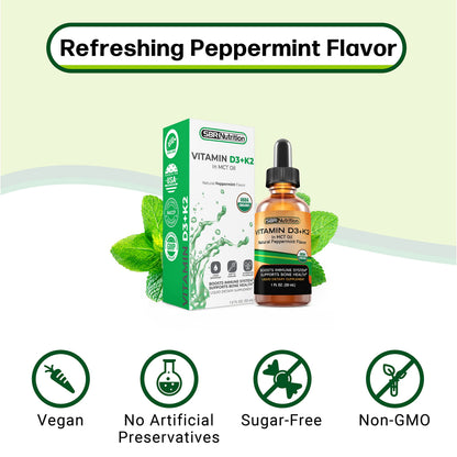 MAX Absorption Vitamin D3 + K2 (MK-7) Liquid Drops with MCT Oil, Peppermint Flavor, Helps Support Strong Bones and Healthy Heart (D3+K2) (D3+K2)