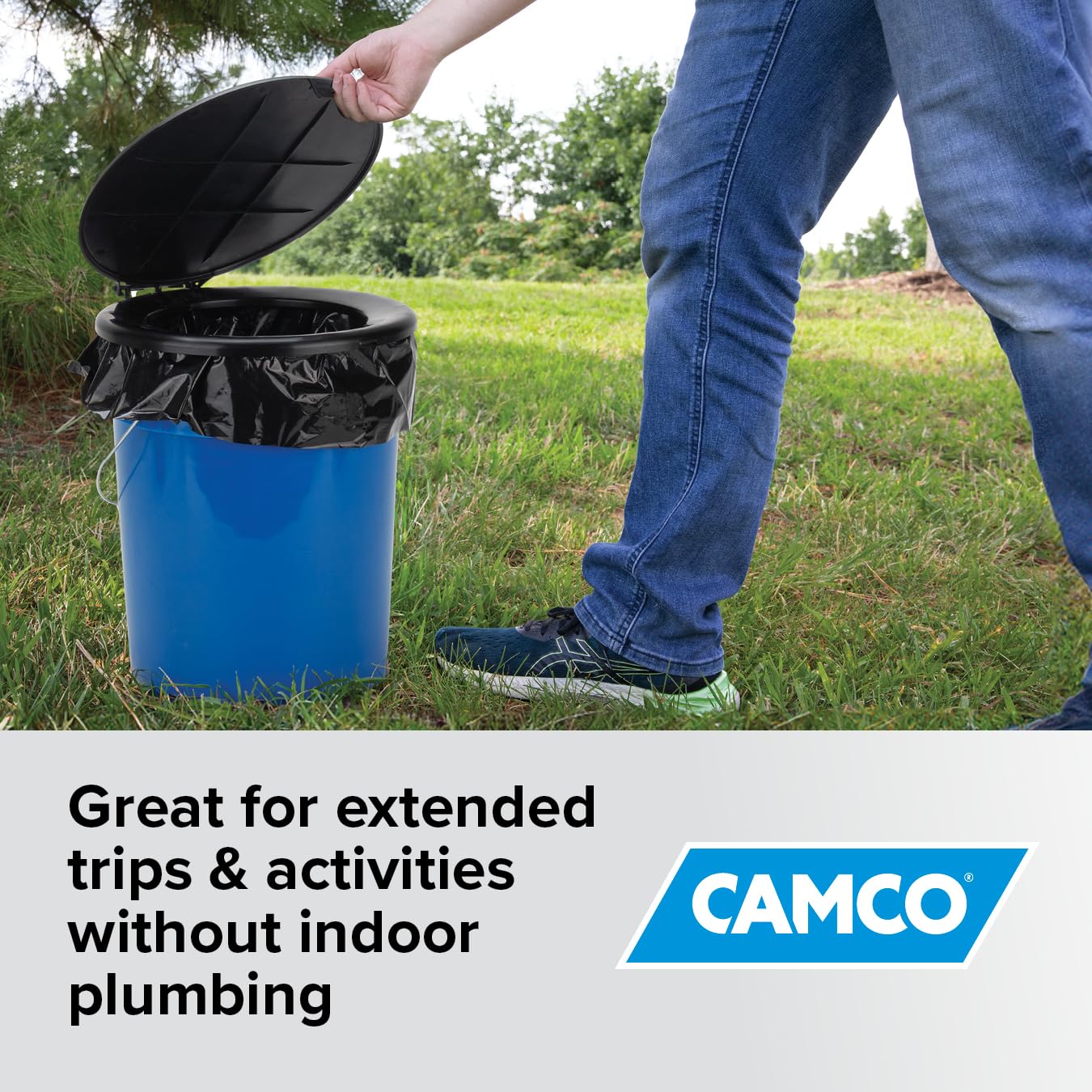 Camco Portable Toilet Bucket - Features 3 Bag Liners for Easy Clean Up & Attached Carry Handle - Includes Seat and Lid Attachment (41549)