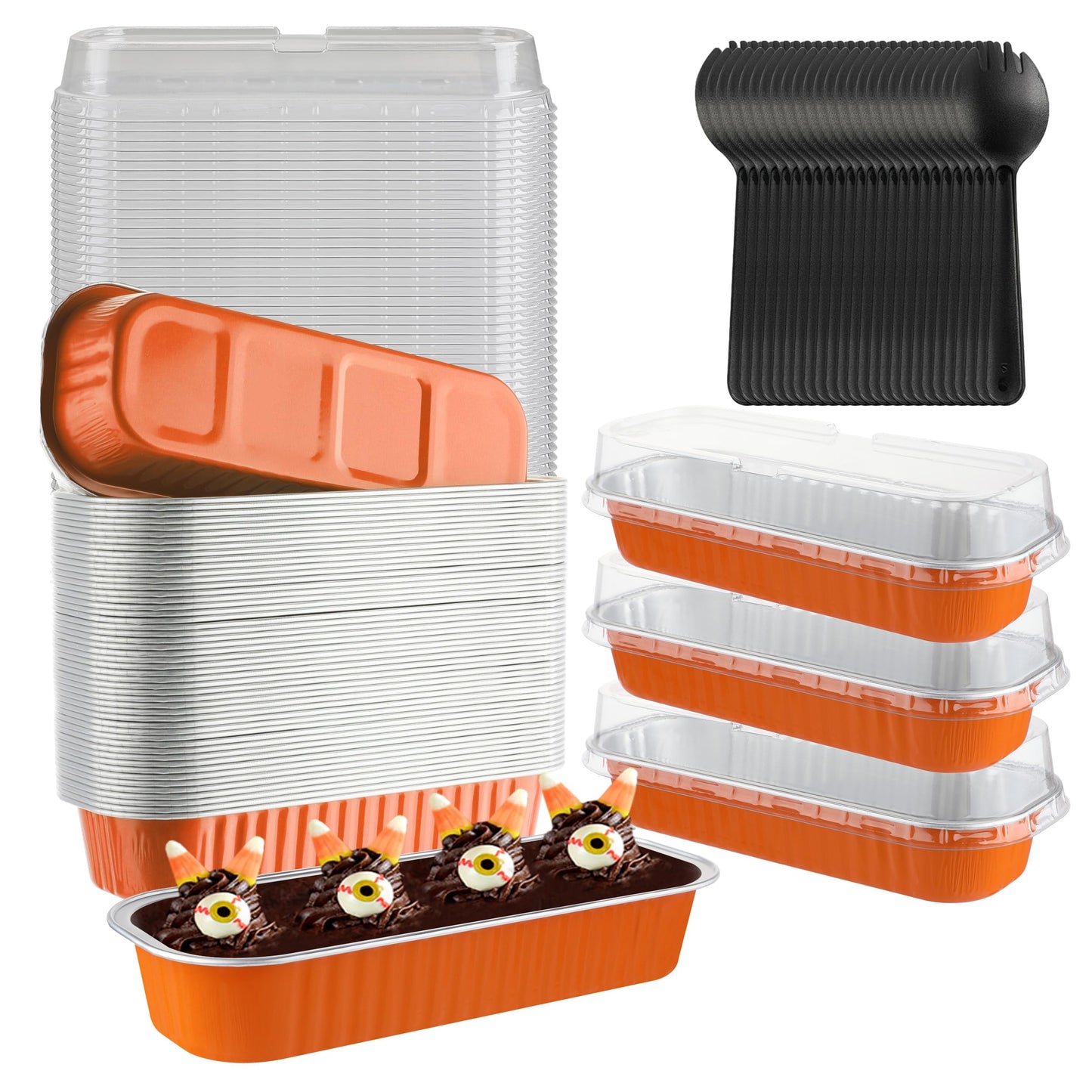 Mini Loaf Pans with Lids, BAKINGPAK 50PCS 6.8OZ 200ML Mini Cake Pans Disposable Aluminum Foil Cupcakes Pans with Lids for Halloween Party Birthday, Orange