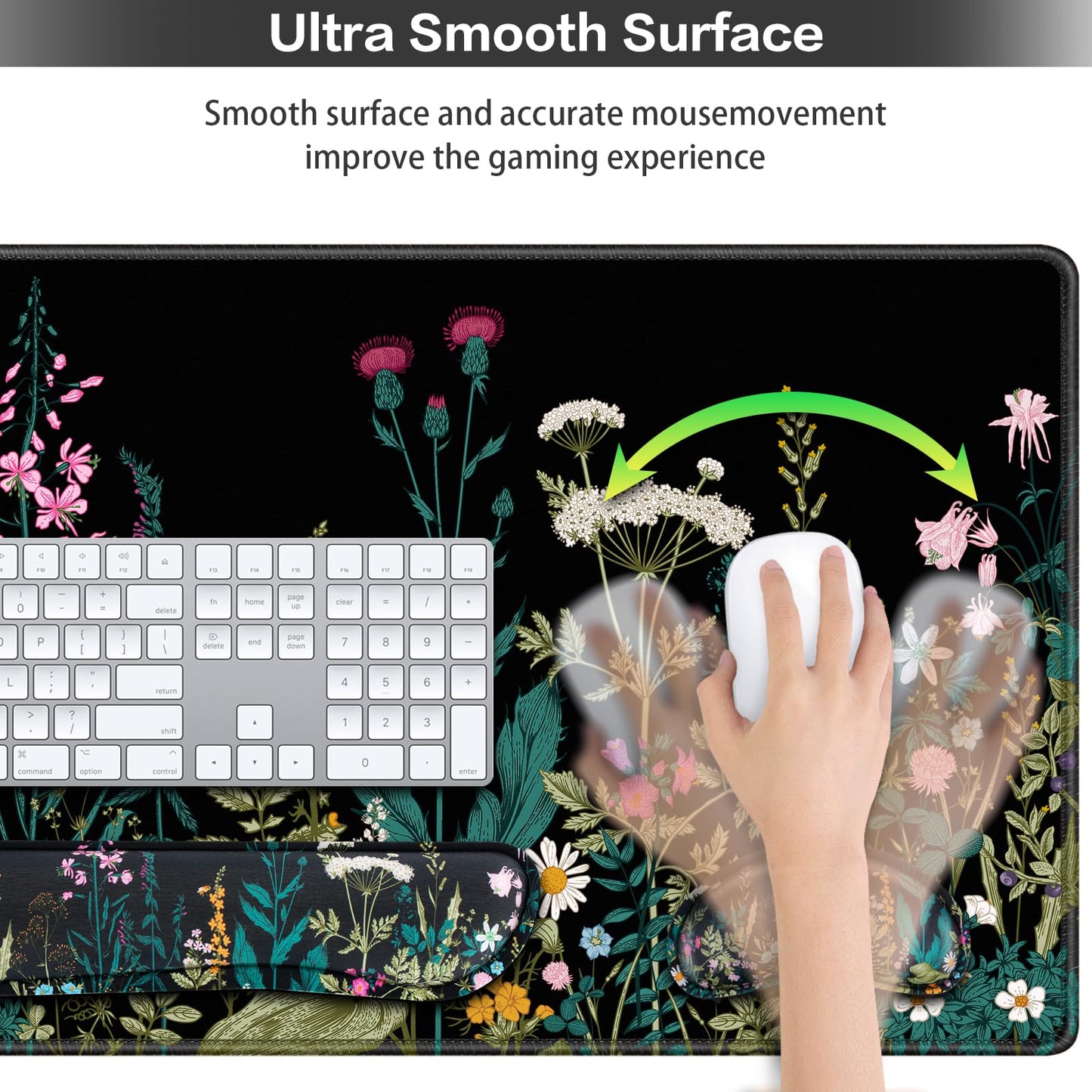 Desk Mat, Large Gaming Mouse Pad with Wrist Rest, 4in1 XXL Mousepad+Keyboard Wrist Rest+Mouse Pad Wrist Support+Cup Coaster Set Ergonomic Floral Computer Desk Arm Wrist for Decor Home Office Women