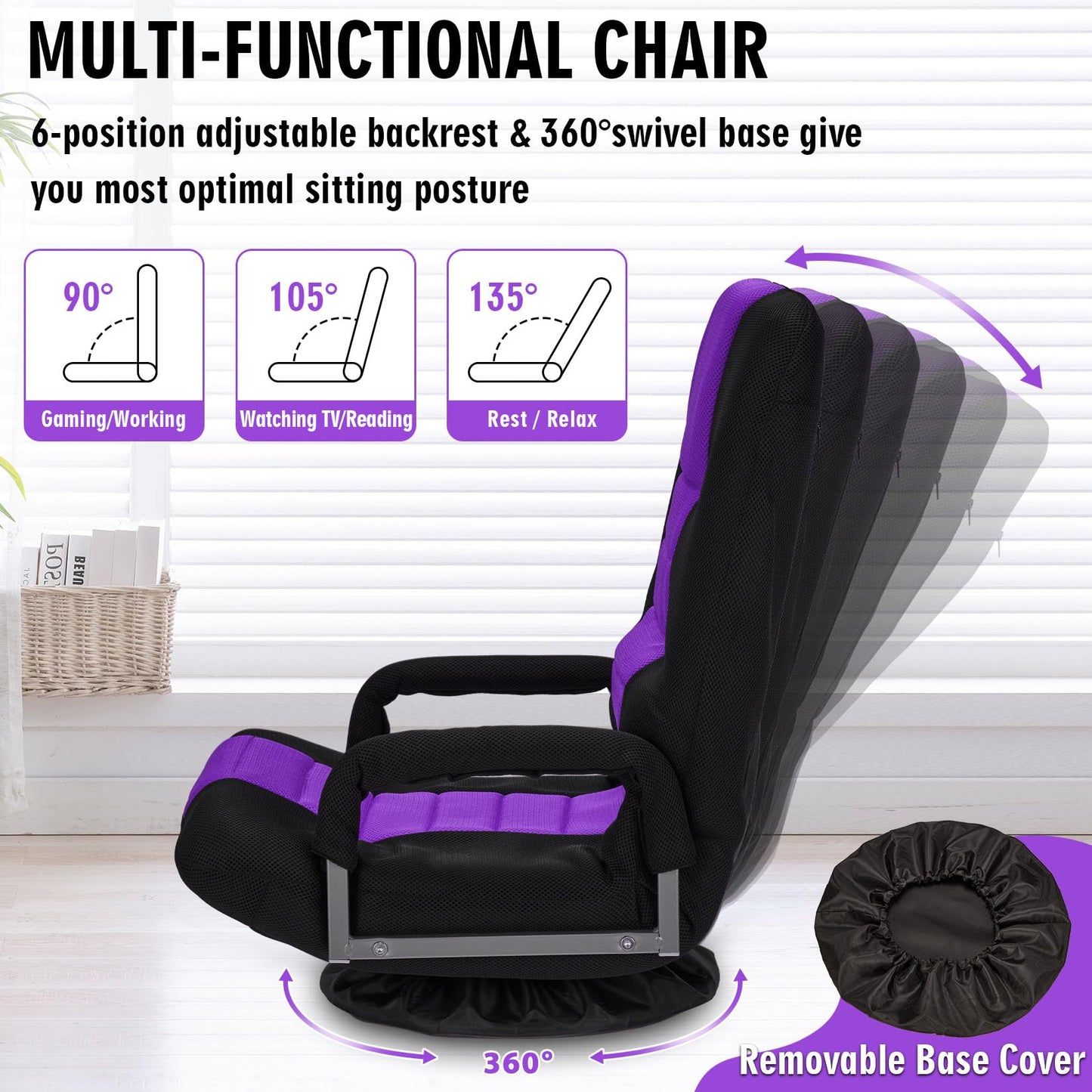 Buymoth Swivel Floor Gaming Chair w/Armrests,Folding Video Reclining Sofa w/6 Adjustable Position, Padded Backrest & Cushion, Lazy Lounger Couch for E-Sports, Reading, Relaxing, Watching TV, Purple
