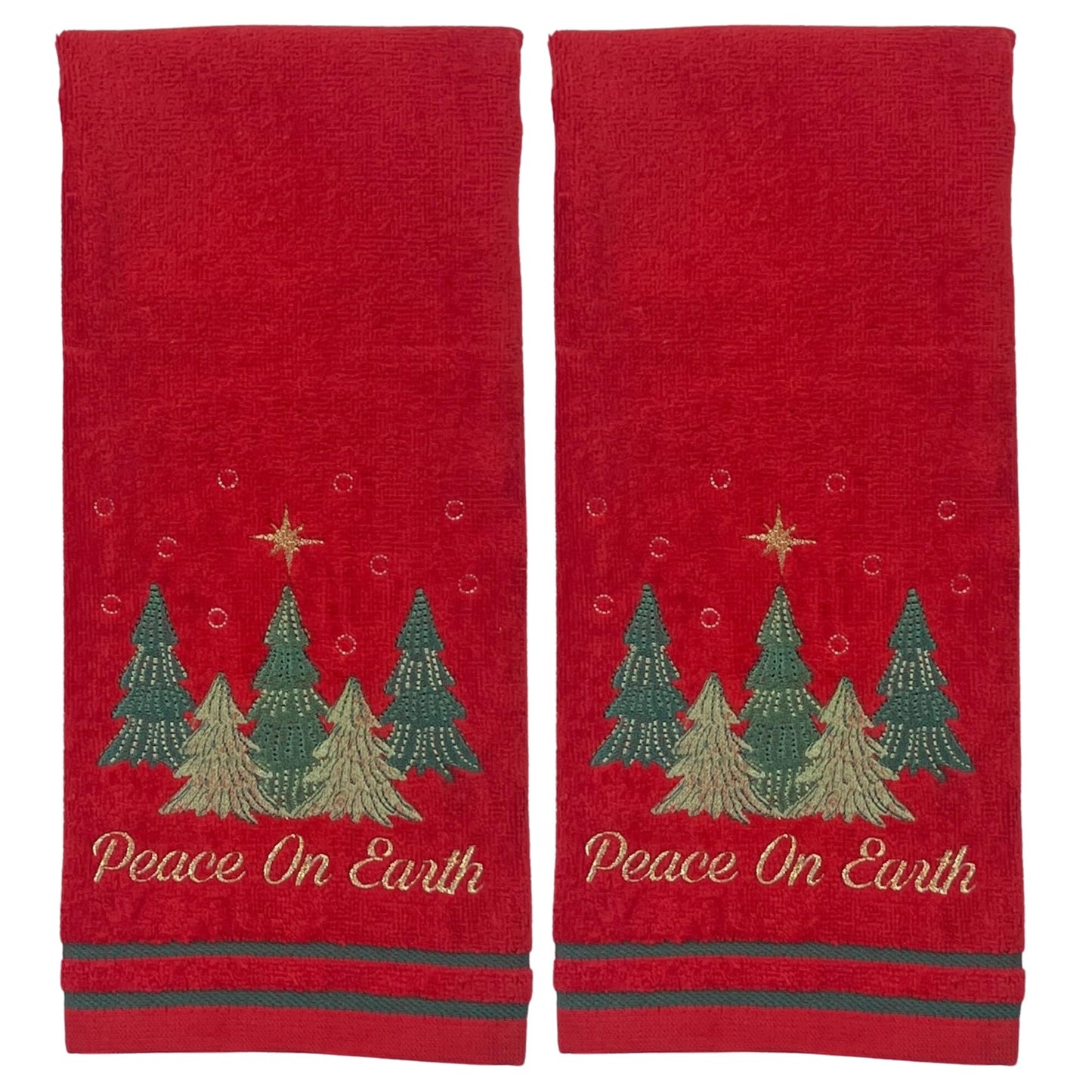 Serafina Home Christmas Hand Towels for Bathroom – Set of 2 Red 100% Cotton Embroidered Christmas Trees & “Peace On Earth” Phrase Design – 25 x 16” Decorative Holiday Bath & Kitchen Towels