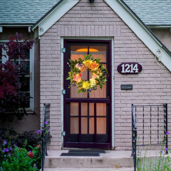 22 Inch Lighted Spring Summer Wreath for Front Door,Dahlia Pinnata, Roses, Eucalyptus Leaves, Peony, Mixed Flowers,Artificial Wreath for Front Door Spring Outdoor Home Decor Easter Decor