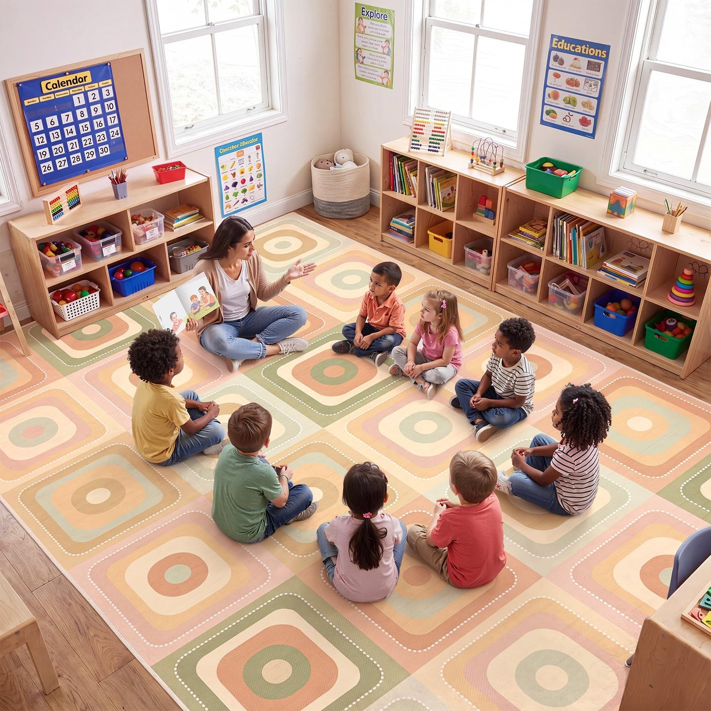 Amylove 7.6 x 12 ft Large Classroom Rug Elementary, Rounded Squares Circle Time Seating Area Rug, Soft Boho Educational Carpet for Preschool, Kindergarten & Daycare, Learning Play Mat, Seats 24