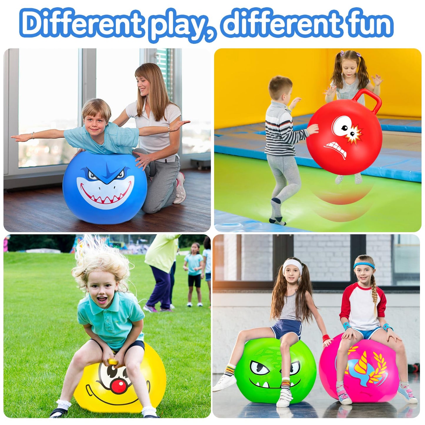 5 Pcs Hopper Ball Carnival Outdoors Jumping Hopping 18 Inch Bouncing Ball with Handle and Air Pump for Kids Sports School Ride Games Balance Exercise Fun