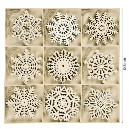 Sggvecsy Unfinished Wooden Snowflakes Ornaments, 36Pcs Christmas Tree Hanging Decoration Wood Cutouts DIY Craft Snowflake Shaped Embellishments Xmas Rustic Crafts with Twine (4 inch)