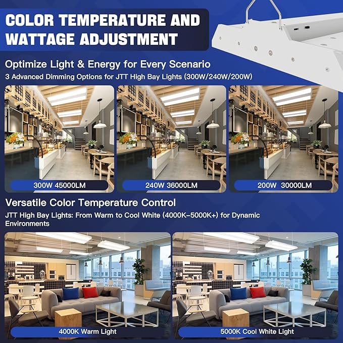 JTT 300W LED Linear High Bay Light, 45000LM Linear High Bay Shop Light Commercial 120-277V, 5000K Lights Shop Workshop Store Commercial Supermarket Warehouse Basement,5 Years Warranty,4-Pack ETL
