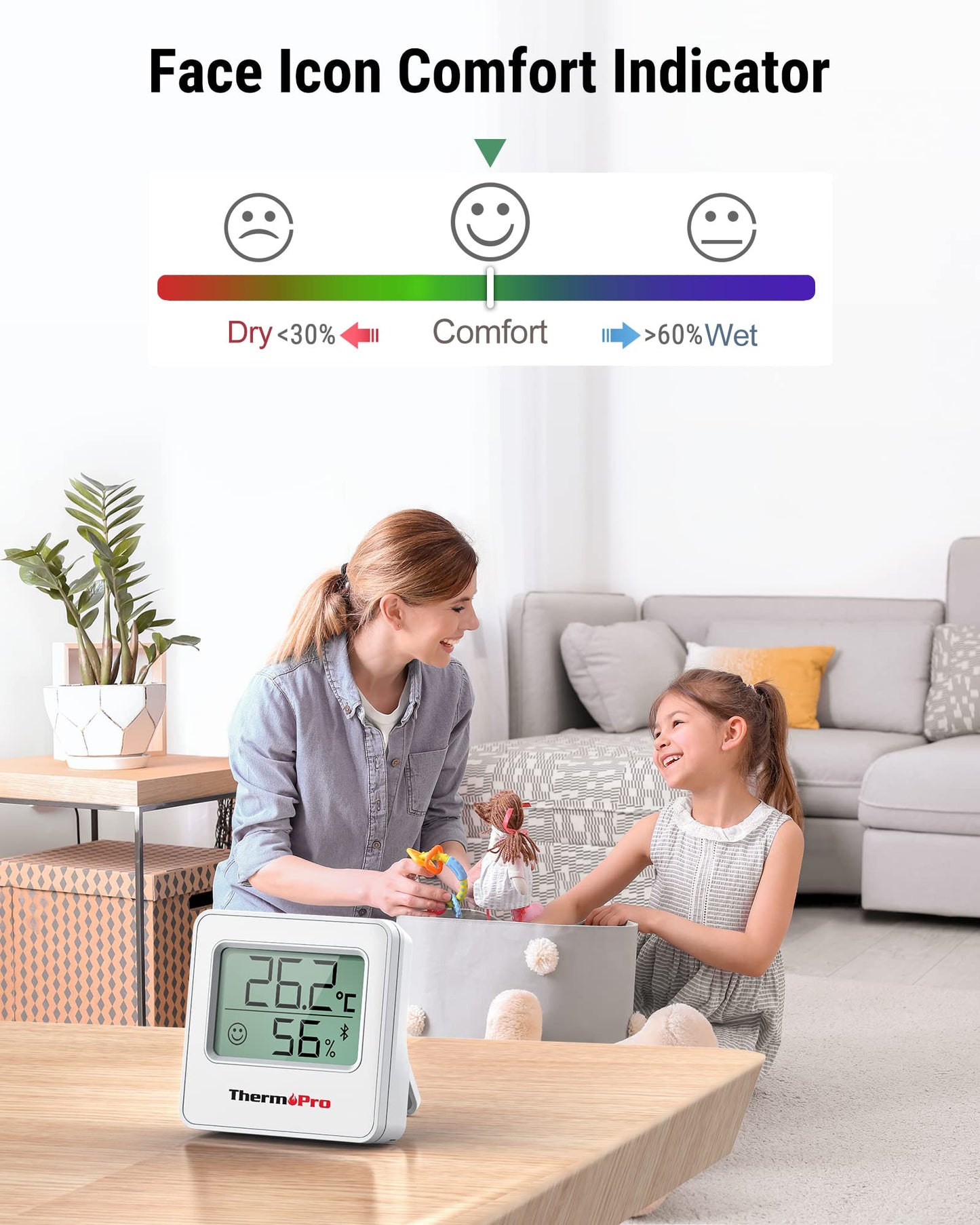 ThermoPro TP357 Bluetooth Hygrometer Mini Room Thermometer Indoor with Alerts, Humidity Meter and Temperature Monitor with Smart App and Data Recording with Humidity Sensor for Baby Room Office