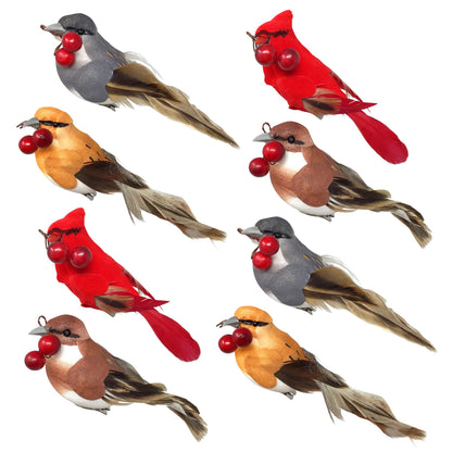 Feathered Song Bird Clip-On Christmas Ornaments - Set of 8 Assorted Styles of Birds with Metal Clips - Cardinals Orioles Finches Chickadees - $2.12 Each - Carrying Red Berries - Measures 4"W