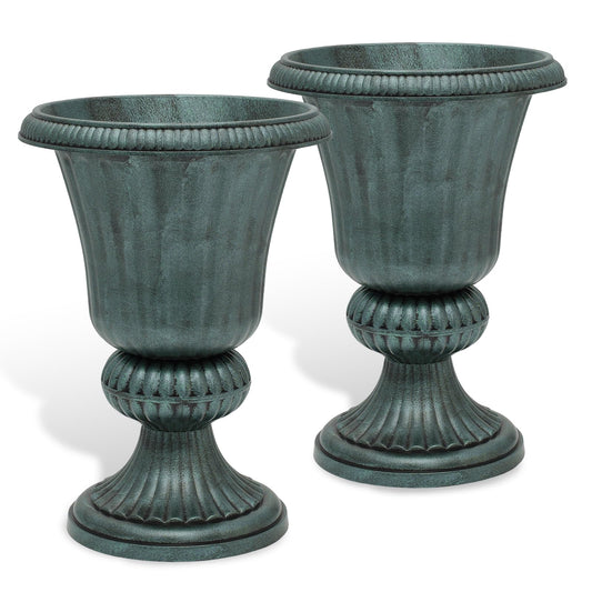 Athena Collection 20''H Garden Plastic Urn - Vintage Tall Large Planter for Indoor Outdoor Patio Porch, 2 Pieces Flower Pot, Dark Green
