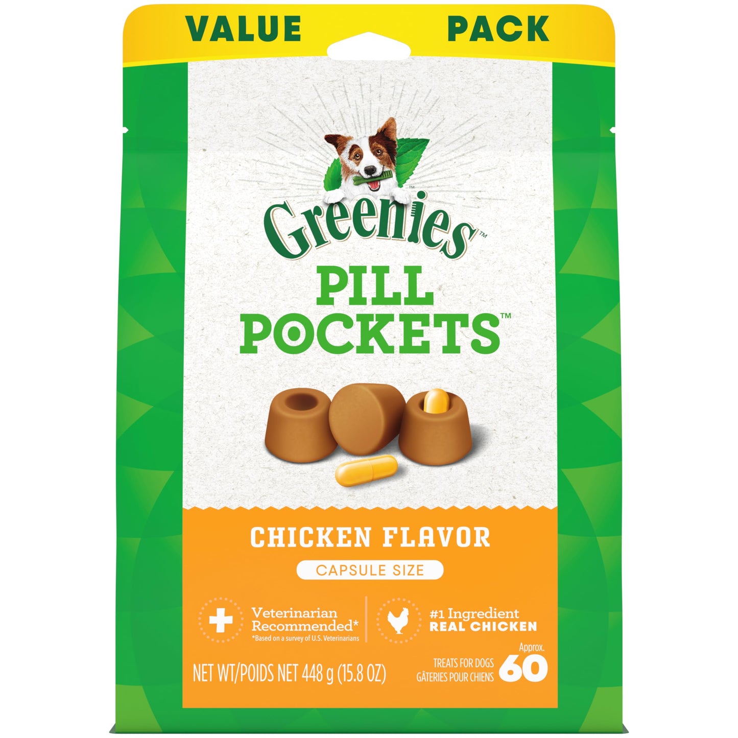 Greenies Pill Pockets for Dogs Large Size, Soft Dog Treats, Chicken Flavor, 15.8 oz. Pouch (60 Treats)
