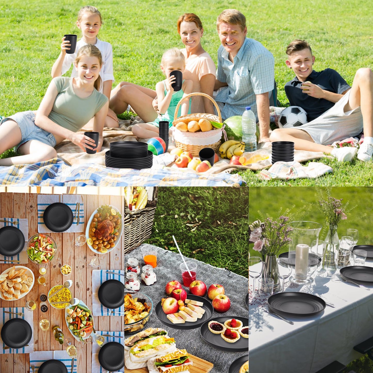 Black Plates and Bowls Sets for 8,Wheat Straw Dinnerware Sets Black Plastic Reusable Dishwasher Safe for Kitchen Halloween Camping,32 Pcs Lightweight Unbreakable Plastic Dishes Set Outdoor