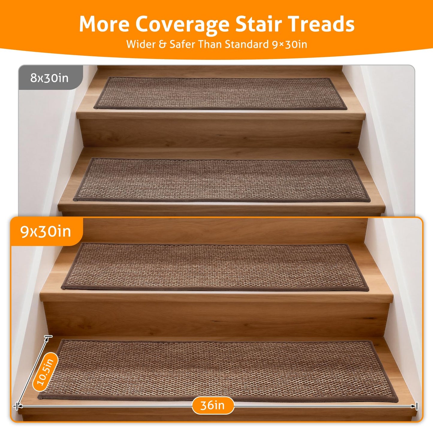 WICHEMI 9"x30"Stair Treads Non Slip Indoor, 15 Pack Stair Runner Carpet, Stair Covers for Wood Stairs with Reusable Adhesive for Kids Seniors Pets, Brown