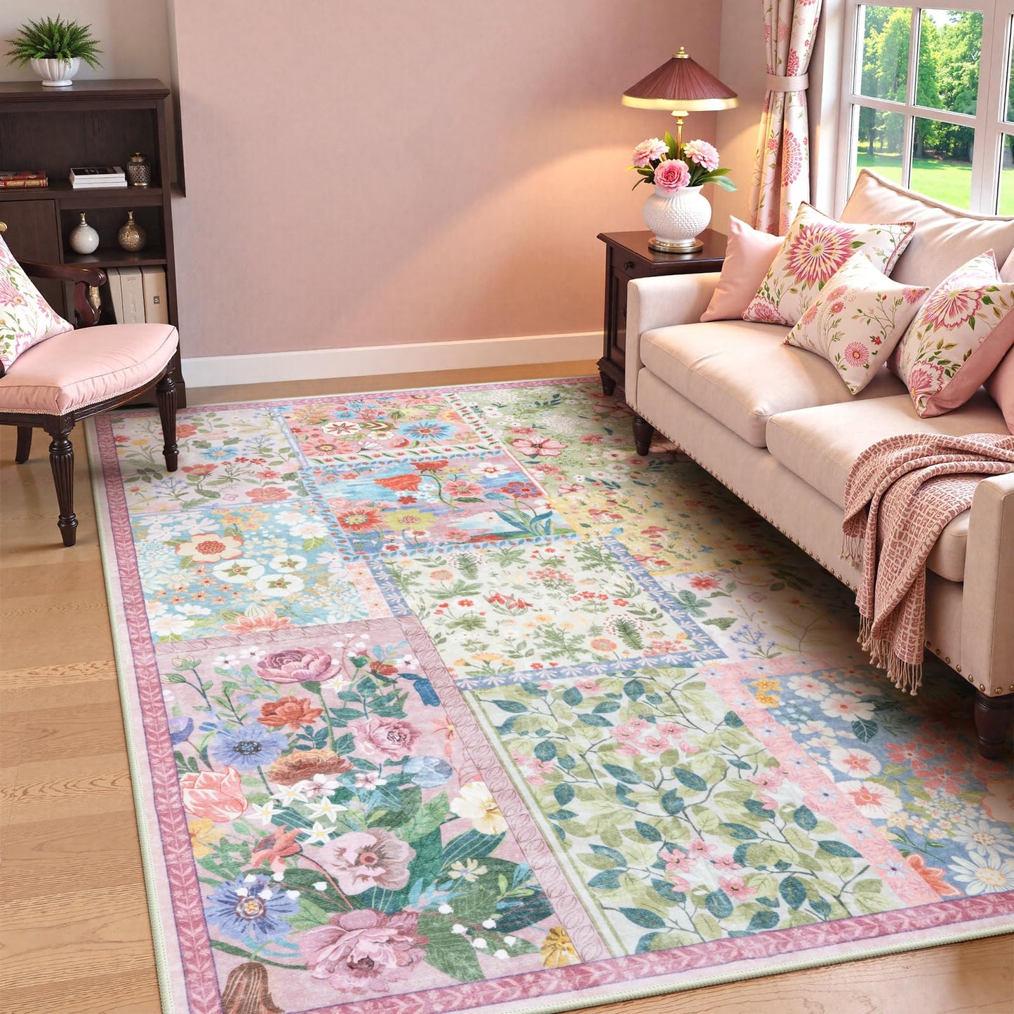 LIVEBOX 5 x 7 Pink Rugs for Bedroom Girls, Soft Patchwork Pink Rug for Living Room, Non-Slip Nursery Rug Girl, Washable Rugs 5x7 Carpet for Playroom