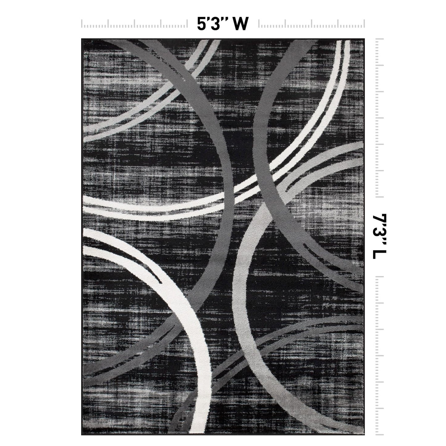 Rugshop Modern Wavy Circles Design Area Rug, Carpet with Jute Backing for Living Room, Bedroom, or Home Office, Black, 5'3" x 7'3"