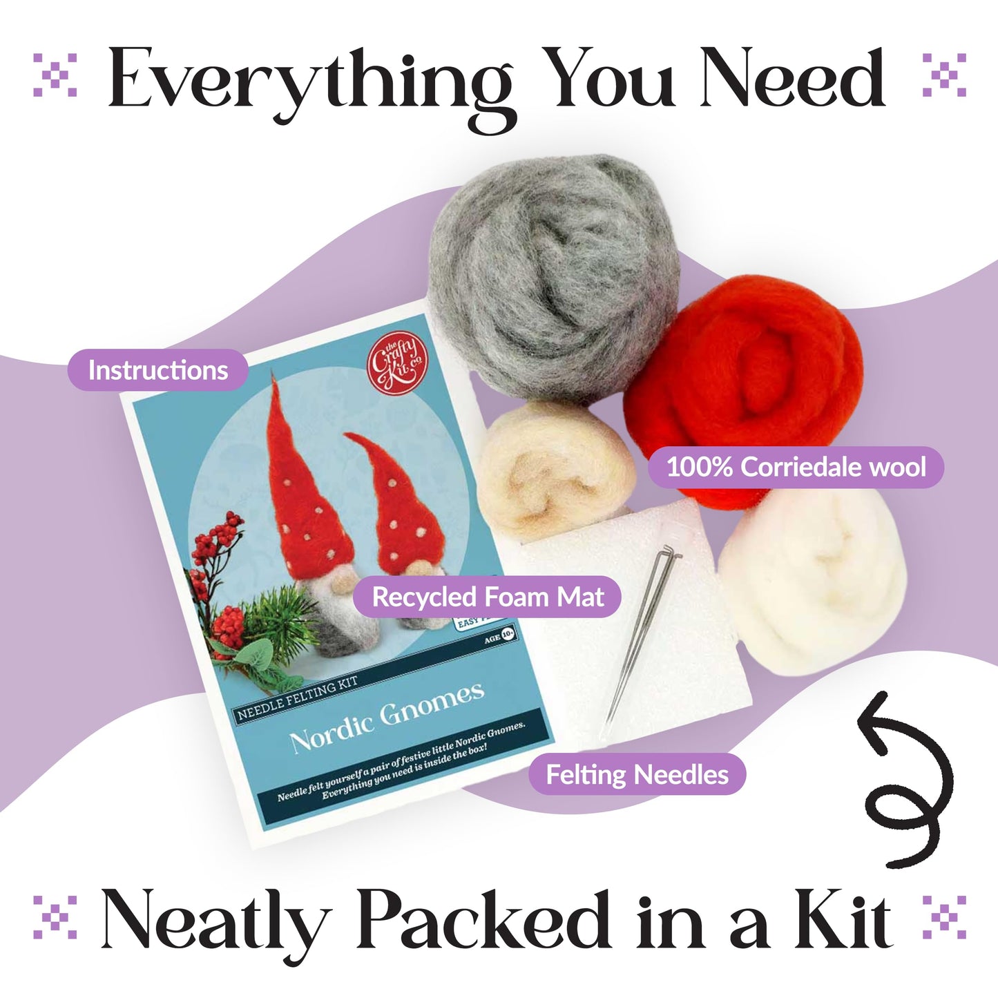 The Crafty Kit Company Needle Felting Craft Kit - Nordic Gnomes | 100% Corriedale Wool DIY Felt Craft Kit – Handmade Gift for Adults, Teens & Beginners | Age 10+