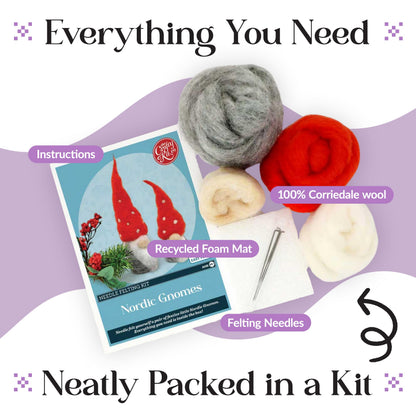 The Crafty Kit Company Needle Felting Craft Kit - Nordic Gnomes | 100% Corriedale Wool DIY Felt Craft Kit – Handmade Gift for Adults, Teens & Beginners | Age 10+