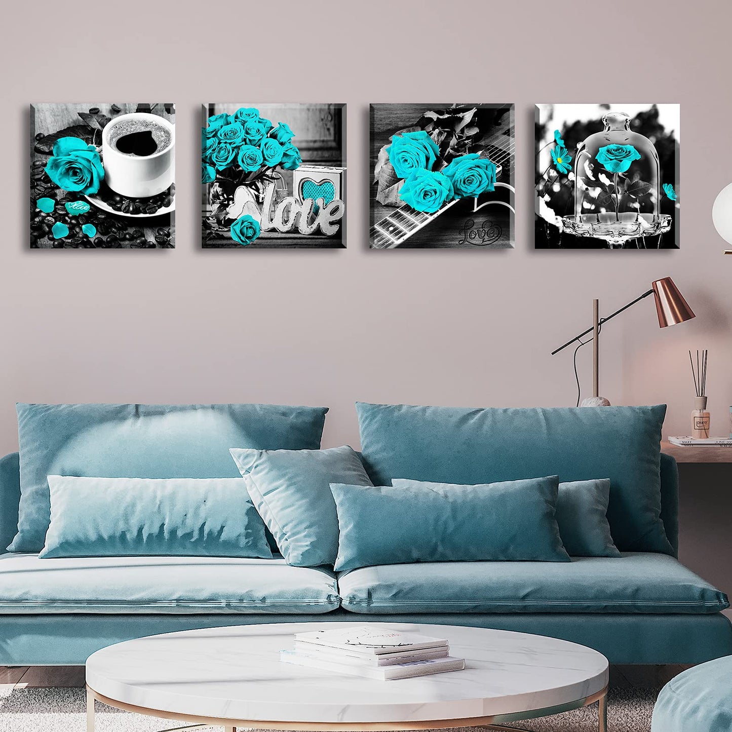 Teal Rose Wall Art Bedroom Decor Canvas Print Turquoise Flowers Pictures for Living Room Kitchen Accessories Artwork Framed 12" W x 12" H 4 Pieces