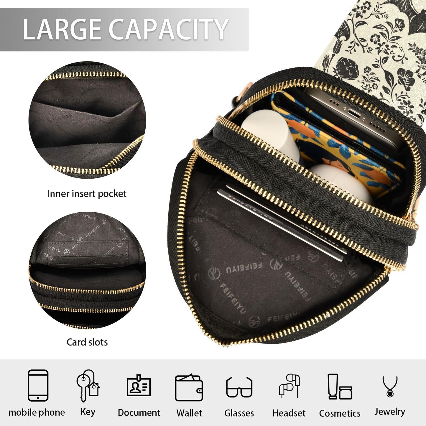 NCRJCZQL Goth Bat Flowers Crossbody Sling Bag for Women Leather Shoulder Chest Bag Small Fanny Pack for Hiking Travel