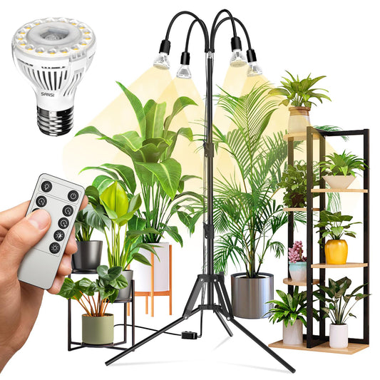 SANSI Grow Lights for Indoor Plants, 4 Head Dimmable Plant Lights for Indoor Growing, 35"-64" Adjustable Tripod LED Grow Light Lamp with Remote Control Auto On/Off Timer 4 Pack of Par20 10W Bulbs