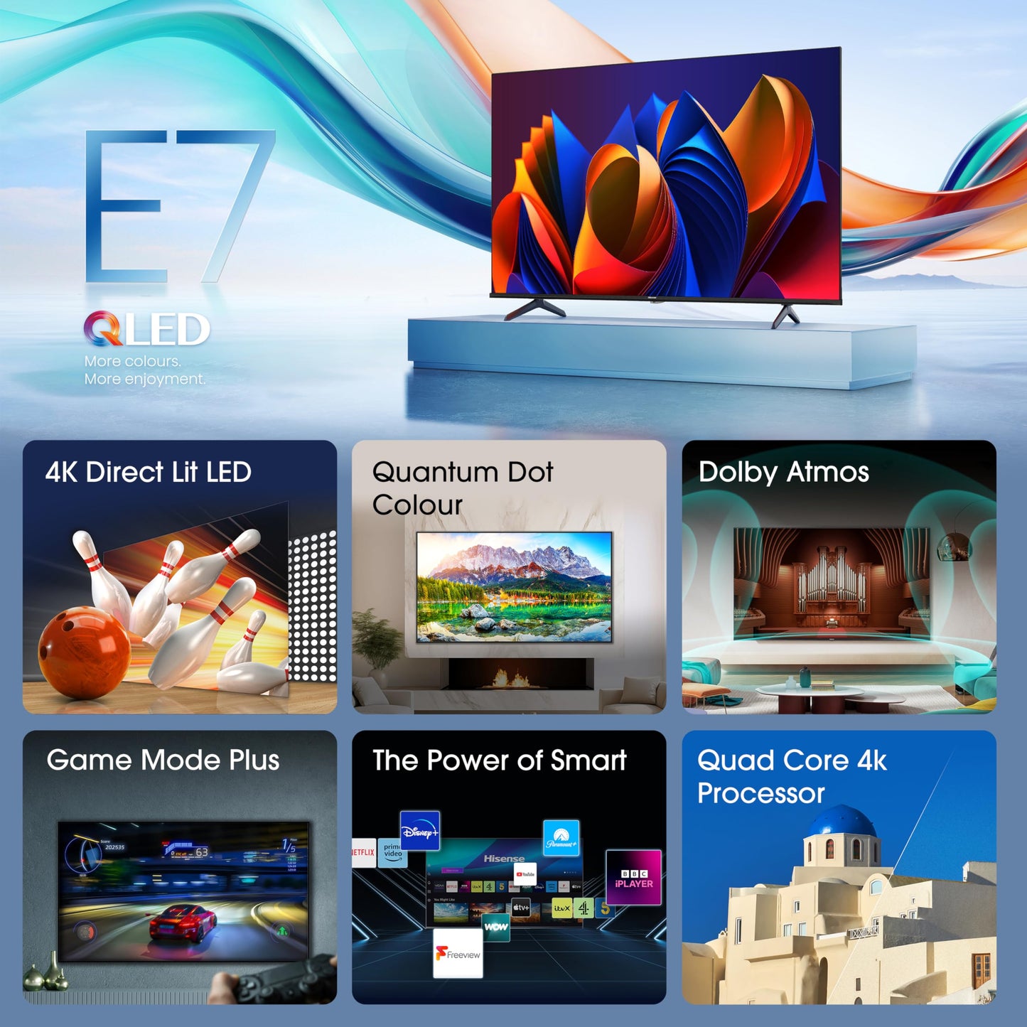 Hisense 65 Inch 4K QLED Smart TV 65E77NQTUK - Quantum Dot Colour, 4K AI Processor, Dolby Vision Atmos, Smooth Motion, Sports Mode, Vidaa OS with Freely, Youtube, Netflix and Disney+ (2024 Model)