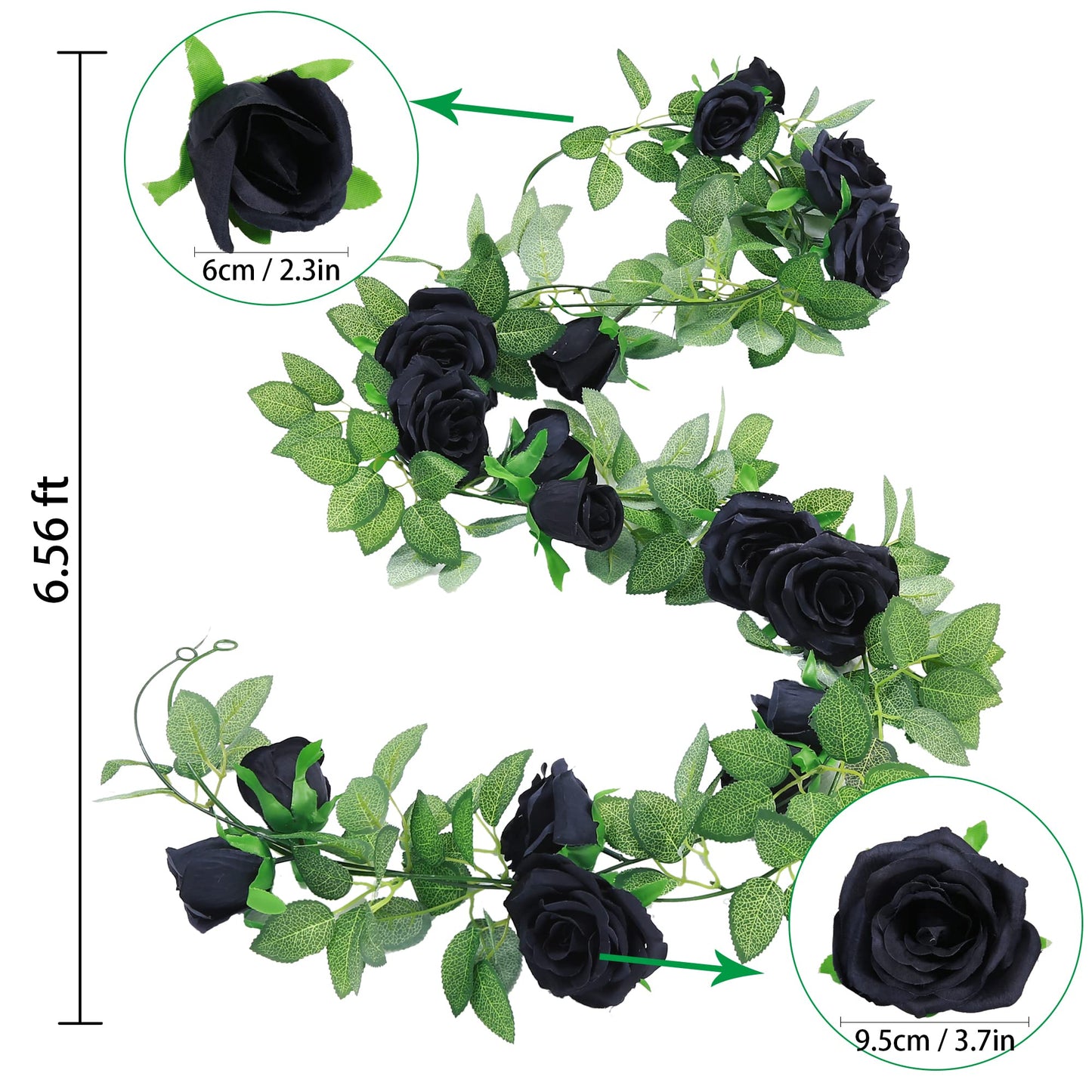 Felice Arts 2 Pack Black Artificial Flower Garland Each 6.5FT Fake Rose Vine Hanging Rose Garland for Halloween Wedding Flowers Table Centerpiece Arrangement Mirror Decor