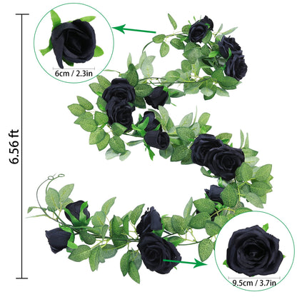 Felice Arts 2 Pack Black Artificial Flower Garland Each 6.5FT Fake Rose Vine Hanging Rose Garland for Halloween Wedding Flowers Table Centerpiece Arrangement Mirror Decor