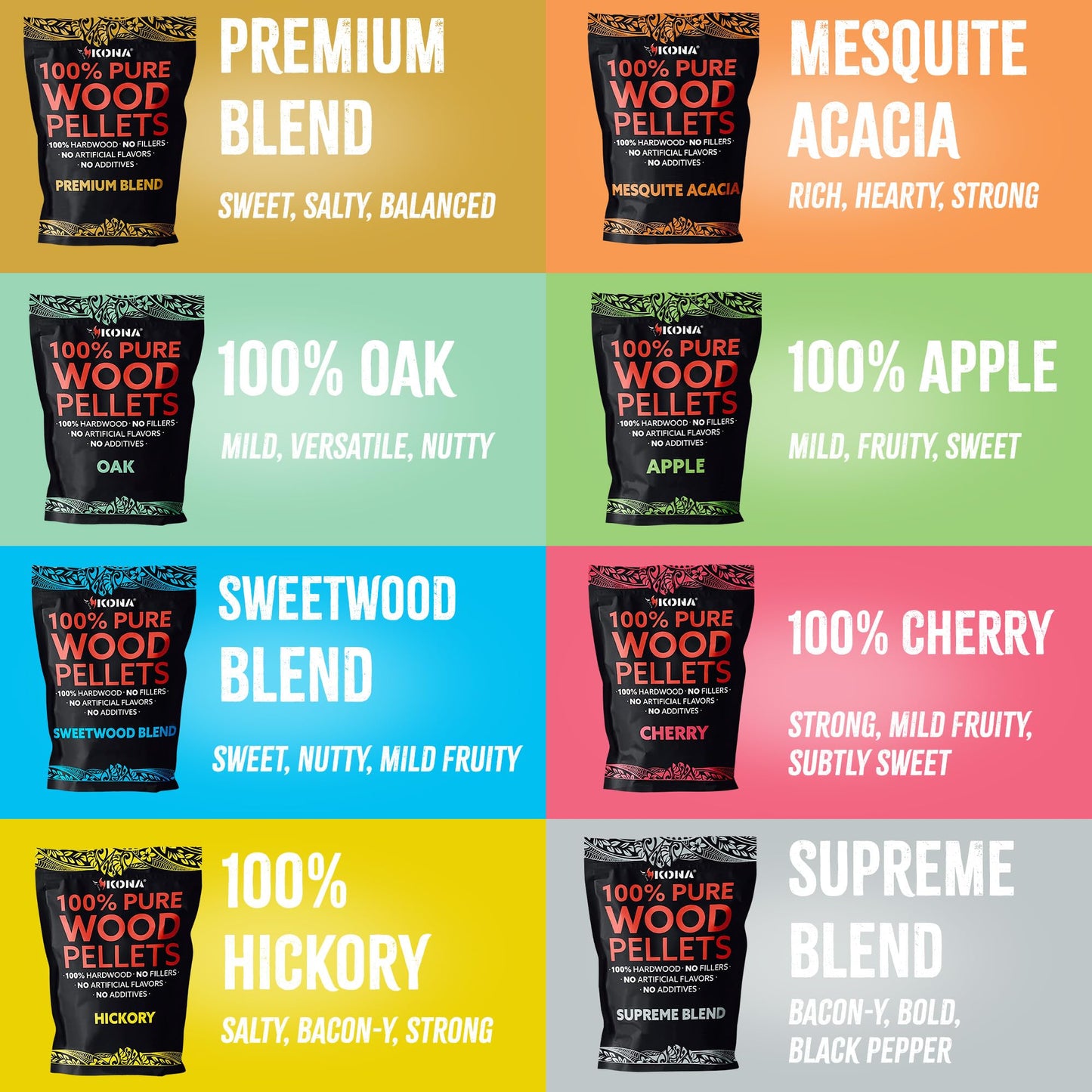 Kona Wood Pellets All Variety Pack, Intended for Ninja Woodfire Outdoor Grill, Wood Fire Oven & Smoker, 8, 1lb Resealable Bags