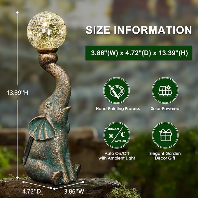 MININOVA Solar Elephant Garden Decor Outdoor Statues with Cracked Glass Ball(8 LED Lights), Cute Elephant Figurine for Patio, Lawn, Yard Decorations Gift for Mother Thanksgiving Day Christmas