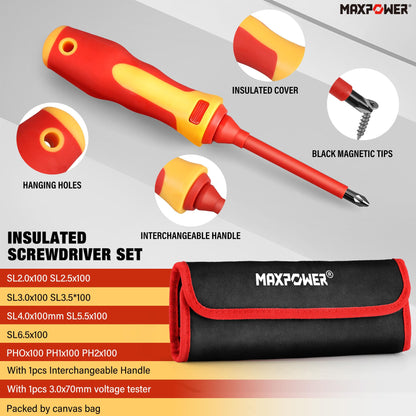 MAXPOWER 12 Piece Insulated Electricians Screwdriver Set with Rubber Handle, Magnetic Tips | 1000V | Ideal for Electrical, Home and DIY Projects