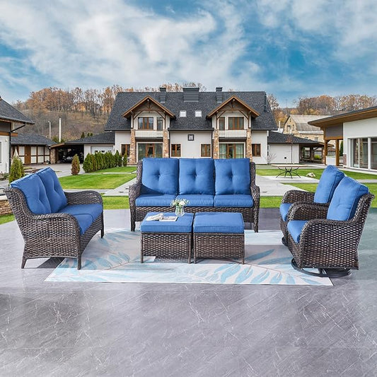 Rilyson Wicker Patio Furniture Set - 6 Piece Rattan Outdoor Sectional Conversation Sets with 2 Rocking Swivel Chairs,2 Ottomans,1 Sofa and 1 Loveseat for Porch Deck Garden(Brown/Blue)