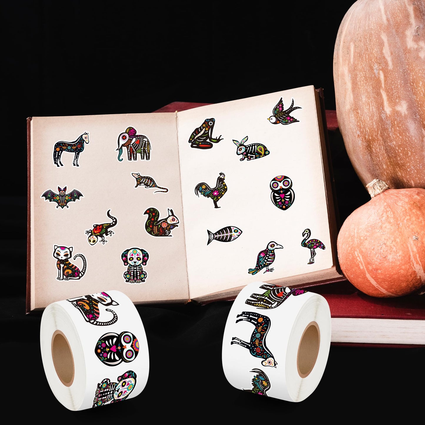 BeYumi Skeleton Animal Roll Stickers - 1000Pcs Day of The Dead Skeleton Animal Stickers in 2 Rolls Dia de Los Muertos Decals for Kids Halloween Mexican Festival Party Supplies Goodie Bags Box Decor