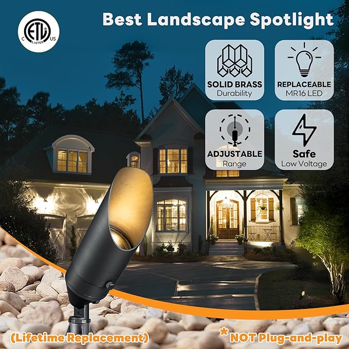 Gardenreet Brass Spot Light Low Voltage - Outdoor Landscape Spotlights, 12V Landscaping LED Uplights, Hard-Wired All Weather Bronze for Backyard Lawn with No Bulbs (8 Pack)