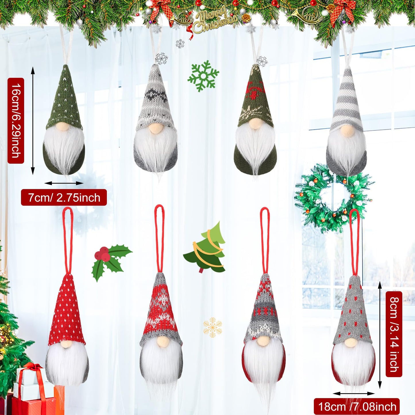 Skylety 16 Pieces Christmas Gnome Ornaments for Tree Christmas Tree Hanging Decorations Dolls Scandinavian Swedish Tomte Gnomes Handmade Plush Santa for Home Tabletop Party Decor