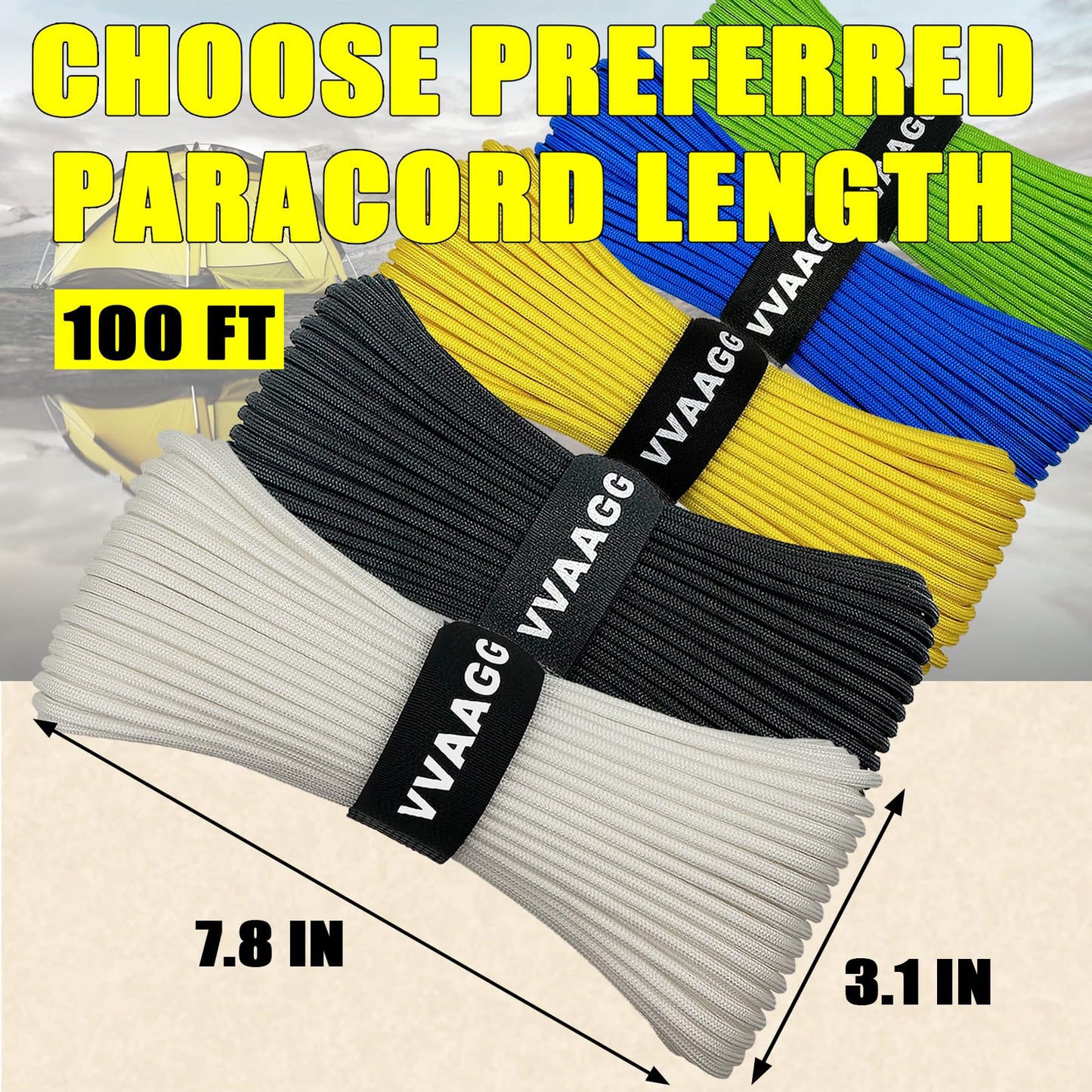 VVAAGG 1000 White Paracord Rope 100FT, 4mm Utility Parachute Cord 12 Strand Nylon Camping Rope, Tent Rope, Clothsline Rope