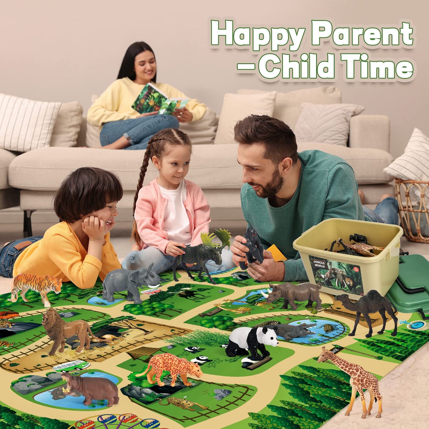 FRUSE Safari Animals Figures Toys with 145x98cm Jumbo Play Mat,12PCS Jungle Zoo Animals Playset with Lion,Elephant,Educational Learning Toys for Kids