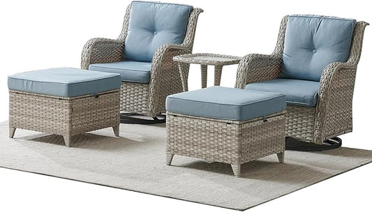Patio Furniture Swivel Chairs Set - 5 Piece Rattan Wicker Outdoor Sectional Conversation Sets with 2 Swivel Rocking Chairs,2 Ottomans and 1 Side Table for Porch Deck Garden(Light Grey/Sky Blue)
