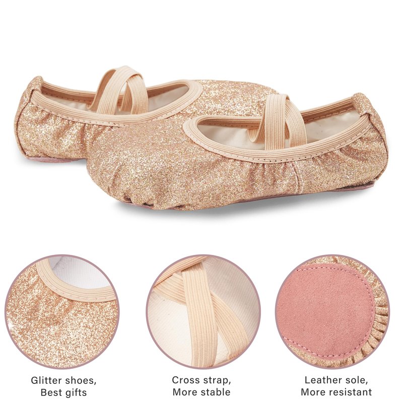Stelle Ballet Shoes for Girls Glitter | Metallic Faux Leather Ballet Slippers Dance Shoes for Toddler/Little/Big Kids(Gold Glitter,9MT)