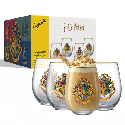 JoyJolt Harry Potter Hogwarts Heritage Stemless Drinking Glasses, 19oz Glass Tumblers, Teardrop Glass Drinking Glasses Set of 4, Hogwarts Cup, Harry Potter Gifts for Adults
