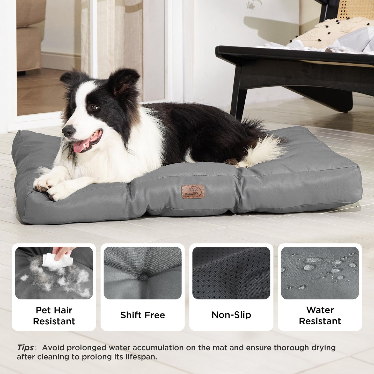 Bedsure Washable Large Dog Bed - 91x68x10cm Flat Dog Bed Mattress with Oxford Fabric, Pet Pillow Cushion for Crate, Water Resistant Dog Mat Outdoor, Grey