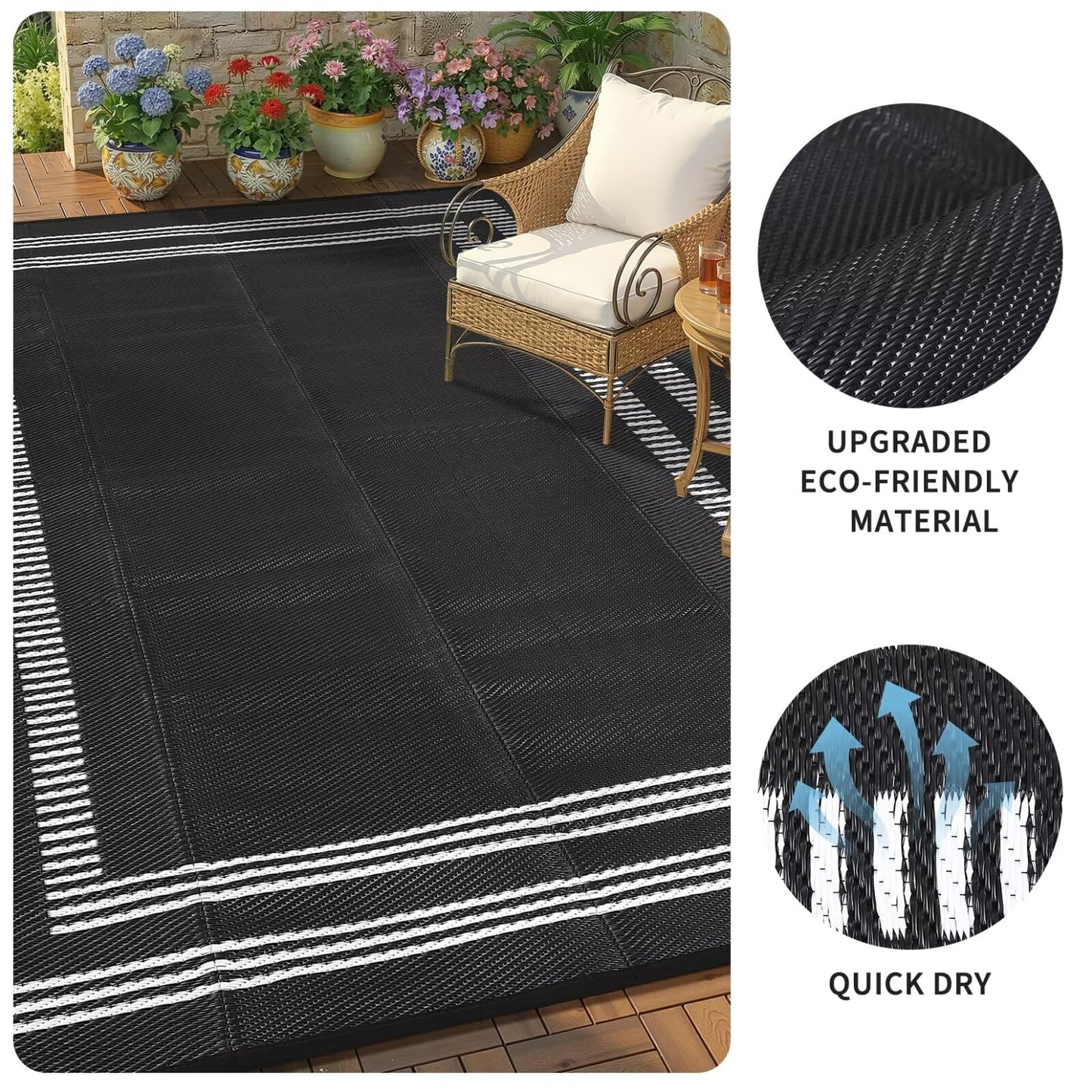 Garvee Waterproof Outdoor Rug 8x10, Scalloped Geometric Foldable Plastic Straw Patio Camping Rug, Outdoor RV Carpet for Deck Camper Porch Balcony Backyard Picnic Beach Black and White