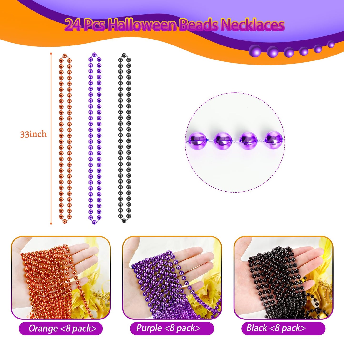 SHAOQINLIN 24 PCS Halloween Bead Necklace, Halloween Purple Black Orange Bead Necklaces, 33" Metallic Beaded Party Necklaces for Halloween Parade Throws Halloween Trick or Treat Decorations