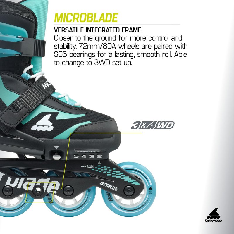 Rollerblade Microblade Kids Adjustable Fitness Inline Skate, Black/Light Blue,Junior, Youth Performance Inline Skates