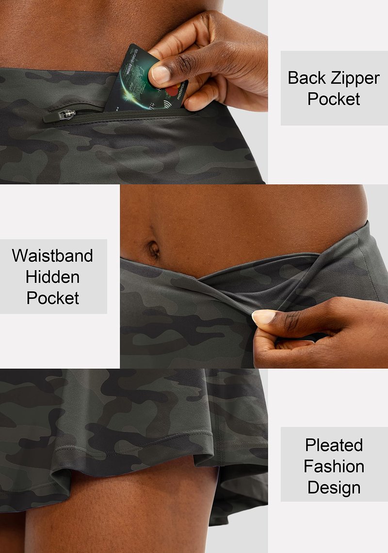 SANTINY Pleated Tennis Skirt for Women with 4 Pockets Women's High Waisted Athletic Golf Skorts Skirts for Running Casual (Green Camo_M)